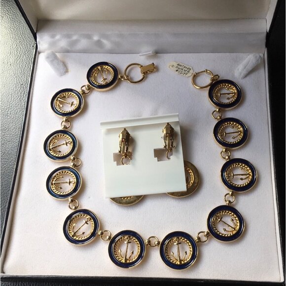 Fifth Avenue Butler Anchor Away Necklace Clip Earrings Gold Tone Blue Enamel - Picture 2 of 4